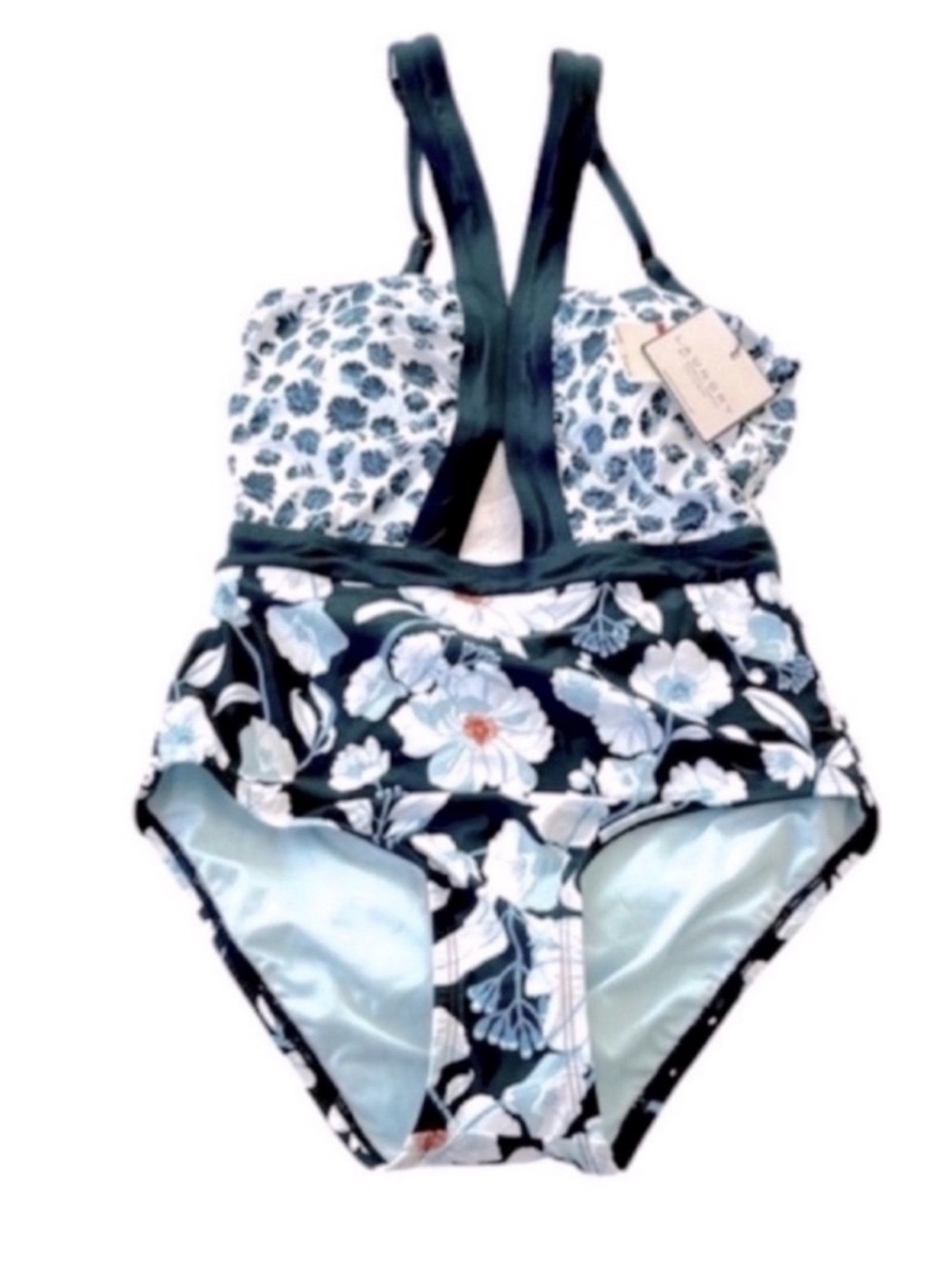 NEW Laundry by Shelli Segal One Piece Swimsuit Mixed Floral Teal Blue Size XS